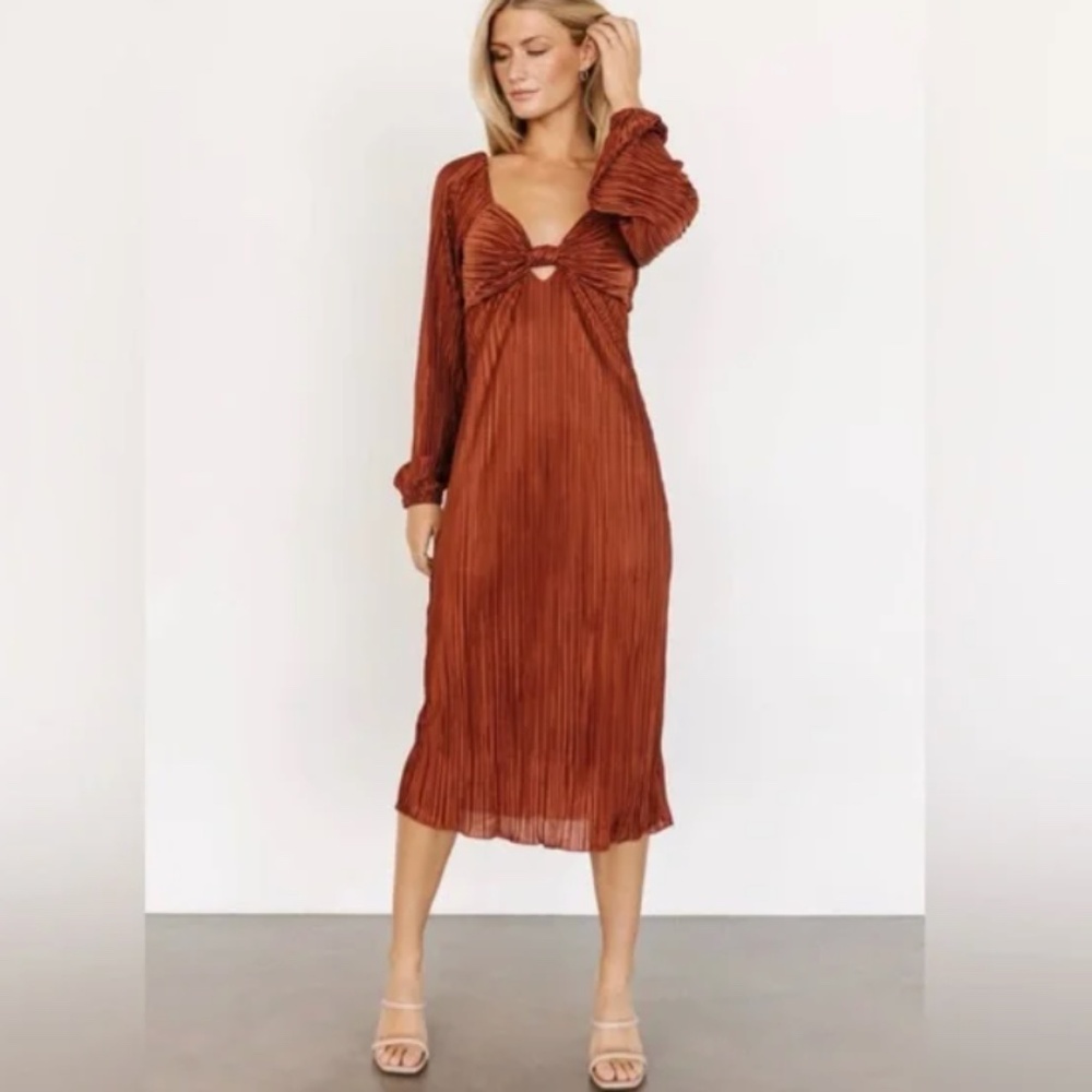 Rust Pleated Front Cutout Back Tie Midi Dress Sz S